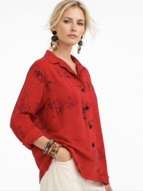 Chico's Red Silk Linen Western Print Blouse Size 3 / Medium Button Down